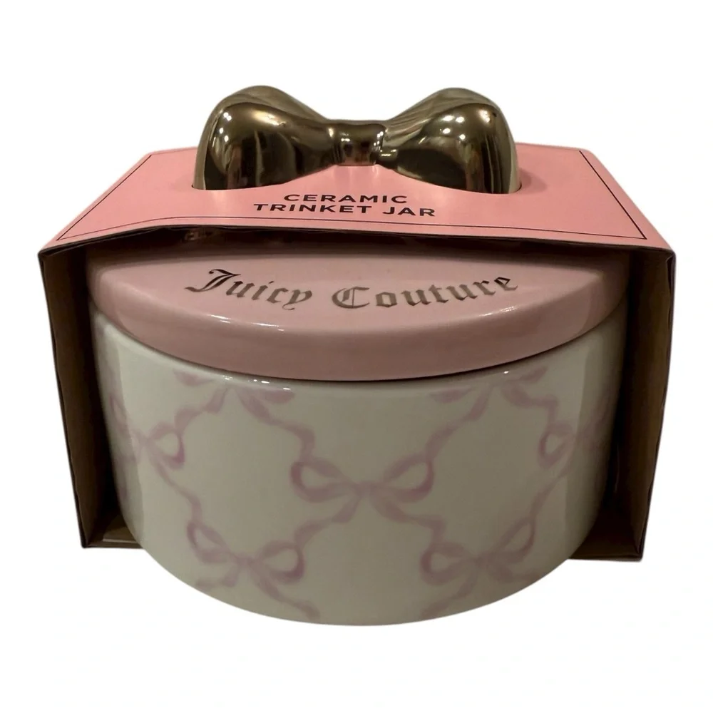 Juicy Couture Pink Bow Ceramic Jewelry Trinket Box Vanity Decor NWT